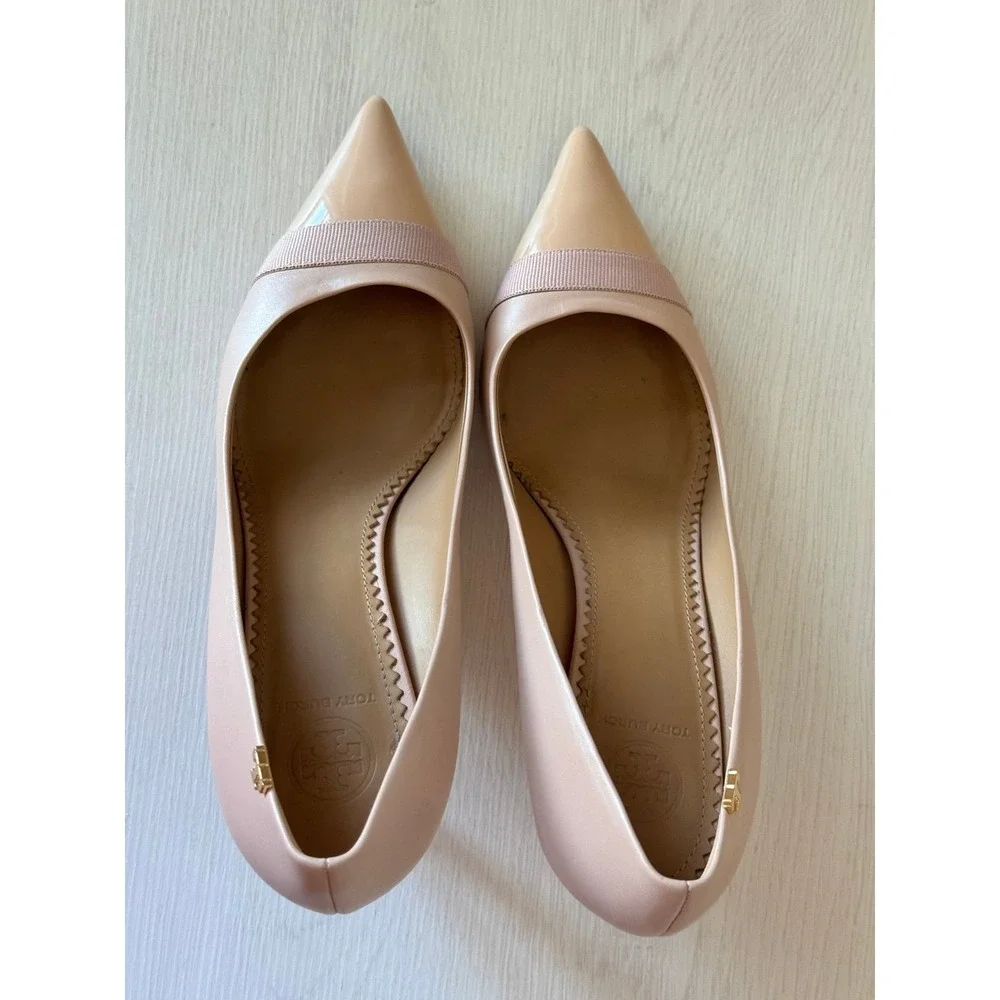 Tory Burch Chelsea Cap-Toe Pumps Blush Pink Leather Gold Logo Heels 11